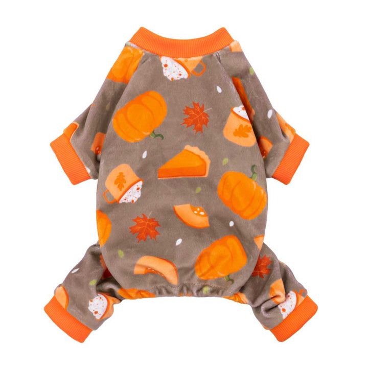 Gray-brown dog pajamas with orange trim, printed with pumpkins, pumpkin pie, maple leaves, and coffee mugs for fall.