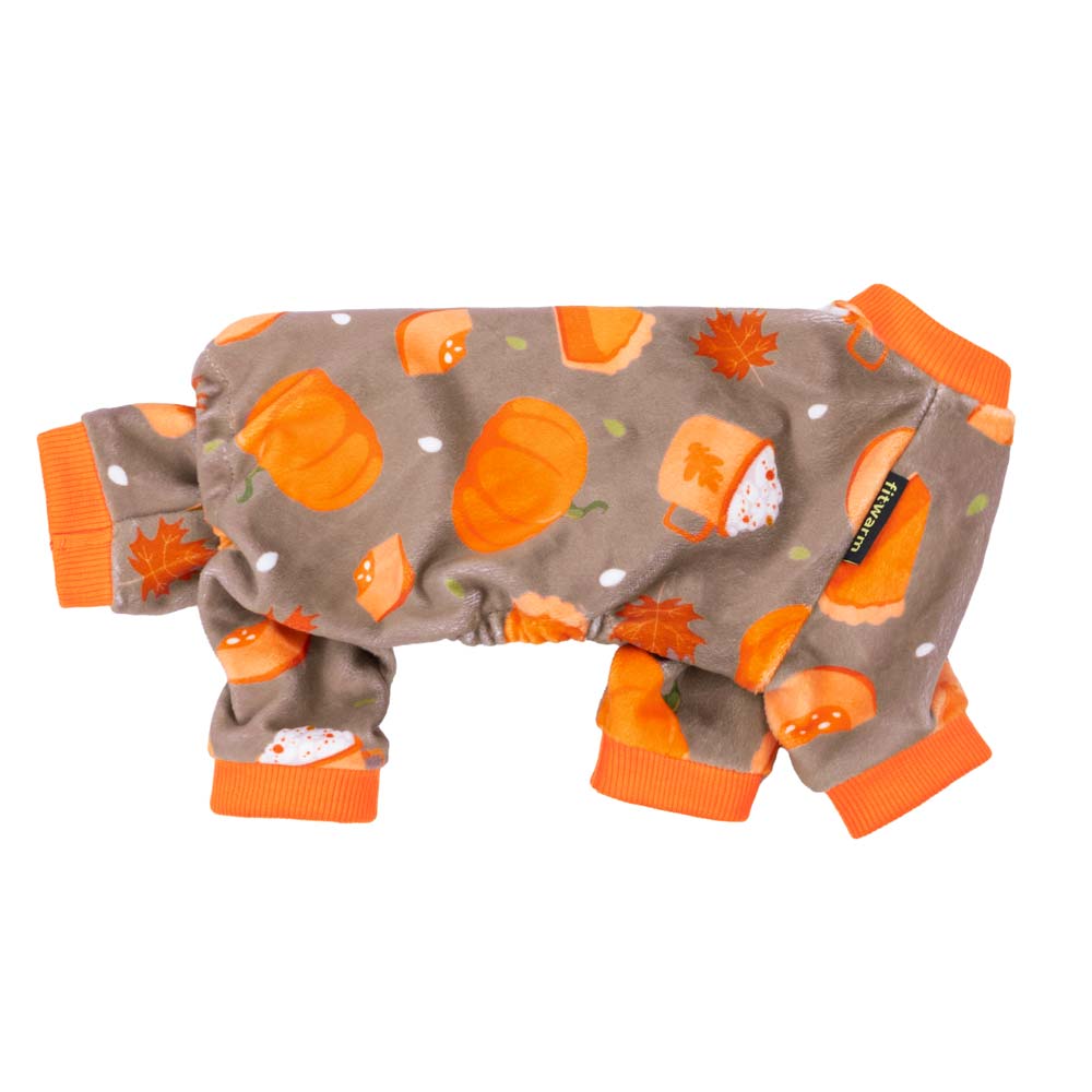 Comfy Thanksgiving dog pajamas in brown, with orange trim, featuring pumpkin, latte, and maple leaf prints.
