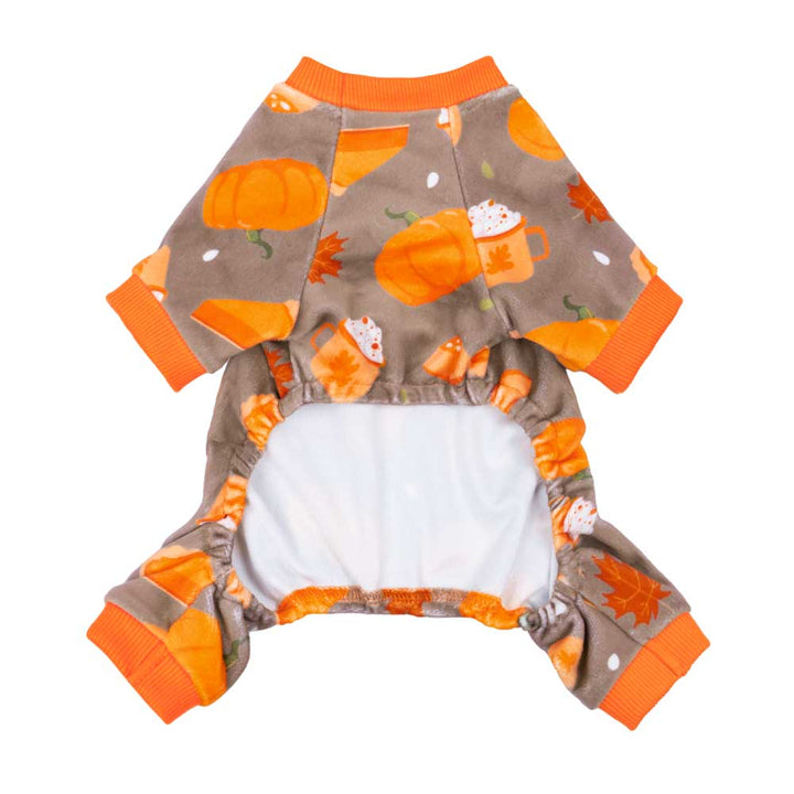 Full-body brown dog pajamas with orange trim, featuring festive pumpkin, pie, maple, and coffee prints. Soft.