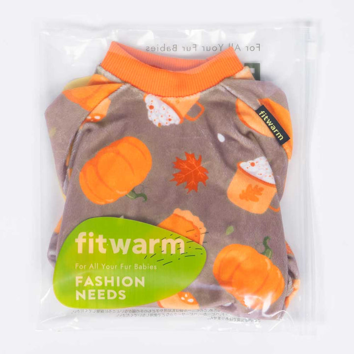 Folded gray-brown dog pajamas with orange trim, pumpkin and pie print, in clear packaging for small pets.