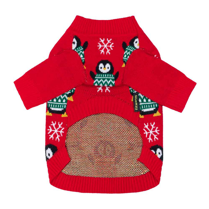 Back view of red dog sweater with penguin print and soft ribbed hem for snug fit.