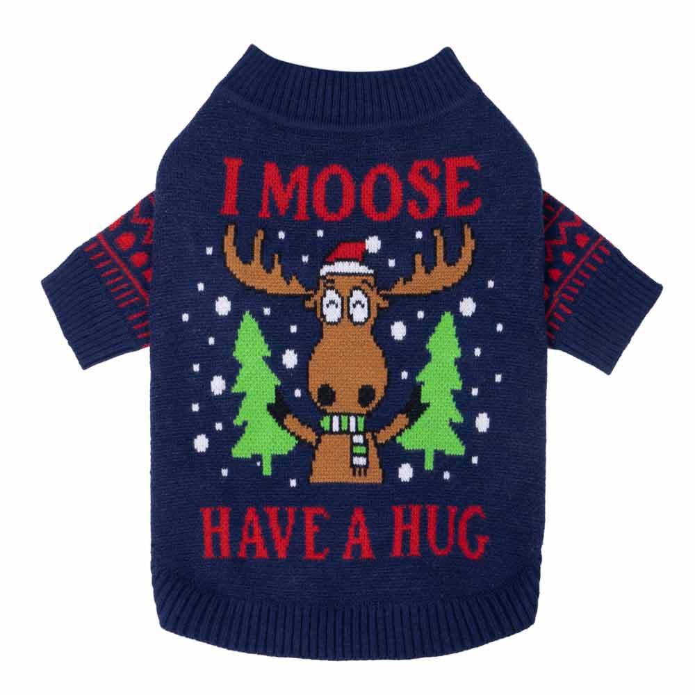 Navy blue dog sweater with "I Moose Have A Hug" lettering, featuring a moose graphic, Christmas trees, and snowflakes.