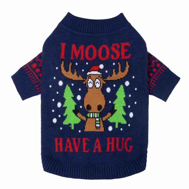 Navy blue dog sweater with "I Moose Have A Hug" lettering, featuring a moose graphic, Christmas trees, and snowflakes.