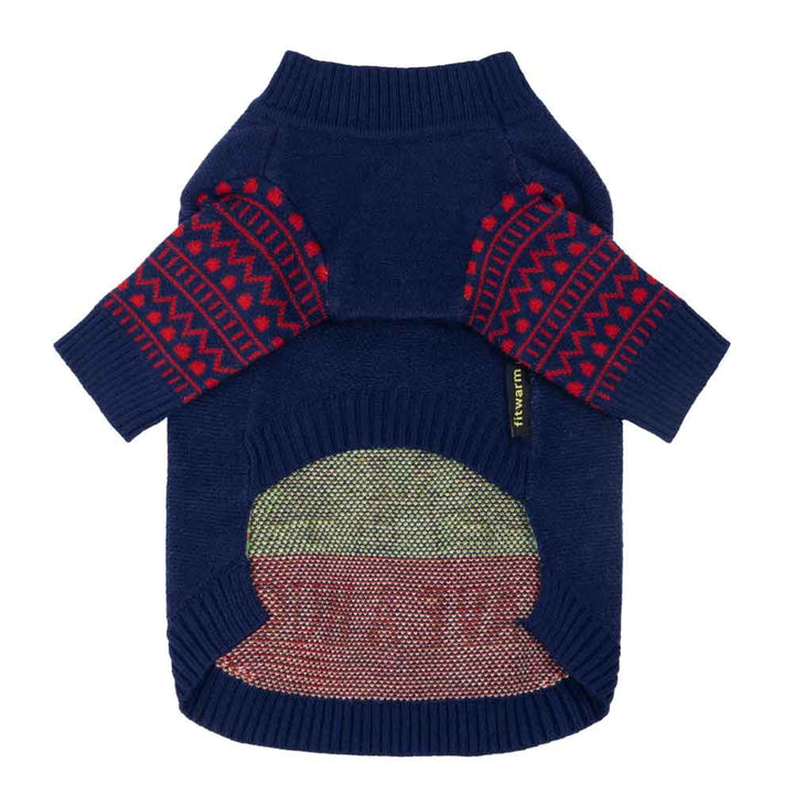 Navy blue Christmas dog sweater with red Fair Isle sleeves and playful moose graphic, perfect for holiday pets.