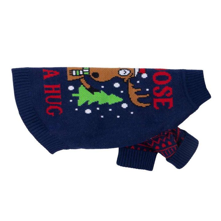 Navy blue dog sweater with moose, Christmas tree graphic, "I Moose Have A Hug" text and Fair Isle sleeves.