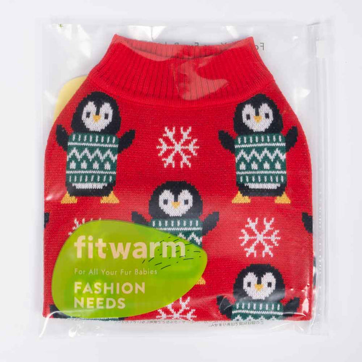 Packaged red dog sweater with penguin and snowflake design, Fitwarm brand.