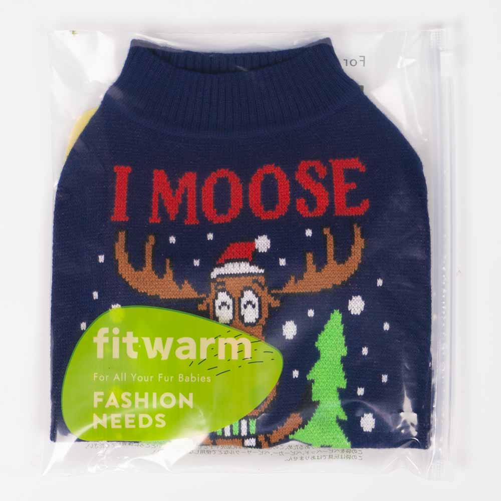 Navy dog sweater with 'I Moose Have A Hug' text, cartoon moose in Santa hat, Christmas trees and snowflakes.