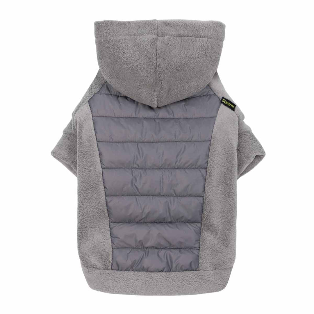 Gray fleece dog hoodie with quilted insulation for cold weather
