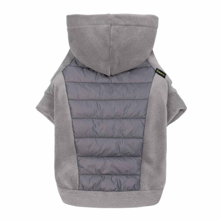 Gray fleece dog hoodie with quilted insulation for cold weather