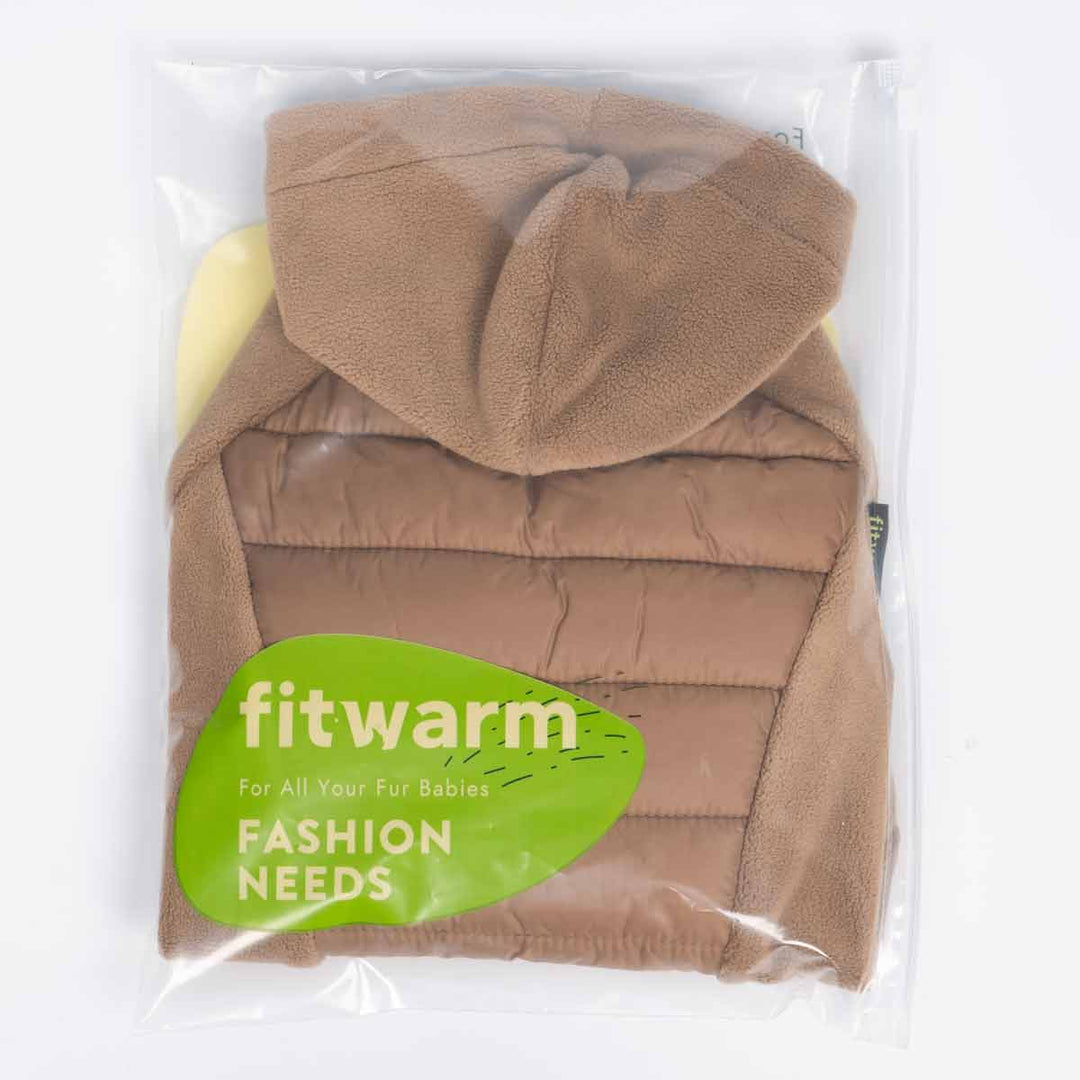 Dog hoodie packed in transparent bag with Fitwarm label on front