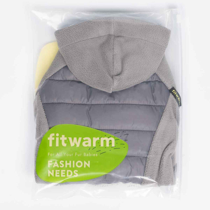 Gray dog hoodie in packaging with 'fitwarm' branding on a white background