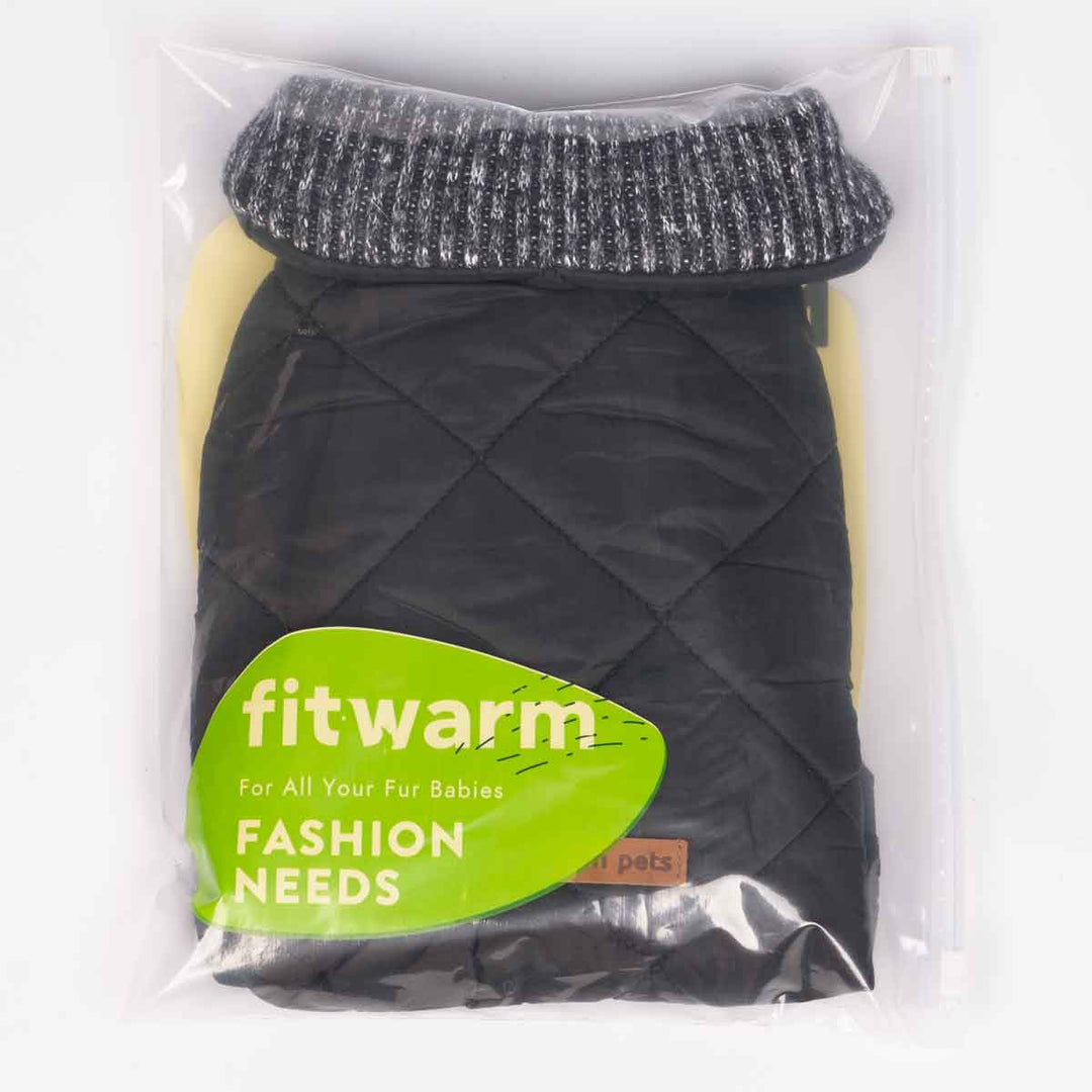 Fitwarm black reversible quilted dog coat with grey knit collar, packaged with branding tag for pet fashion needs.