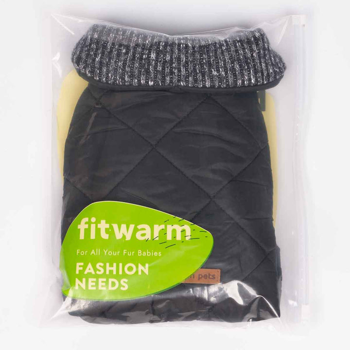 Fitwarm black reversible quilted dog coat with grey knit collar, packaged with branding tag for pet fashion needs.