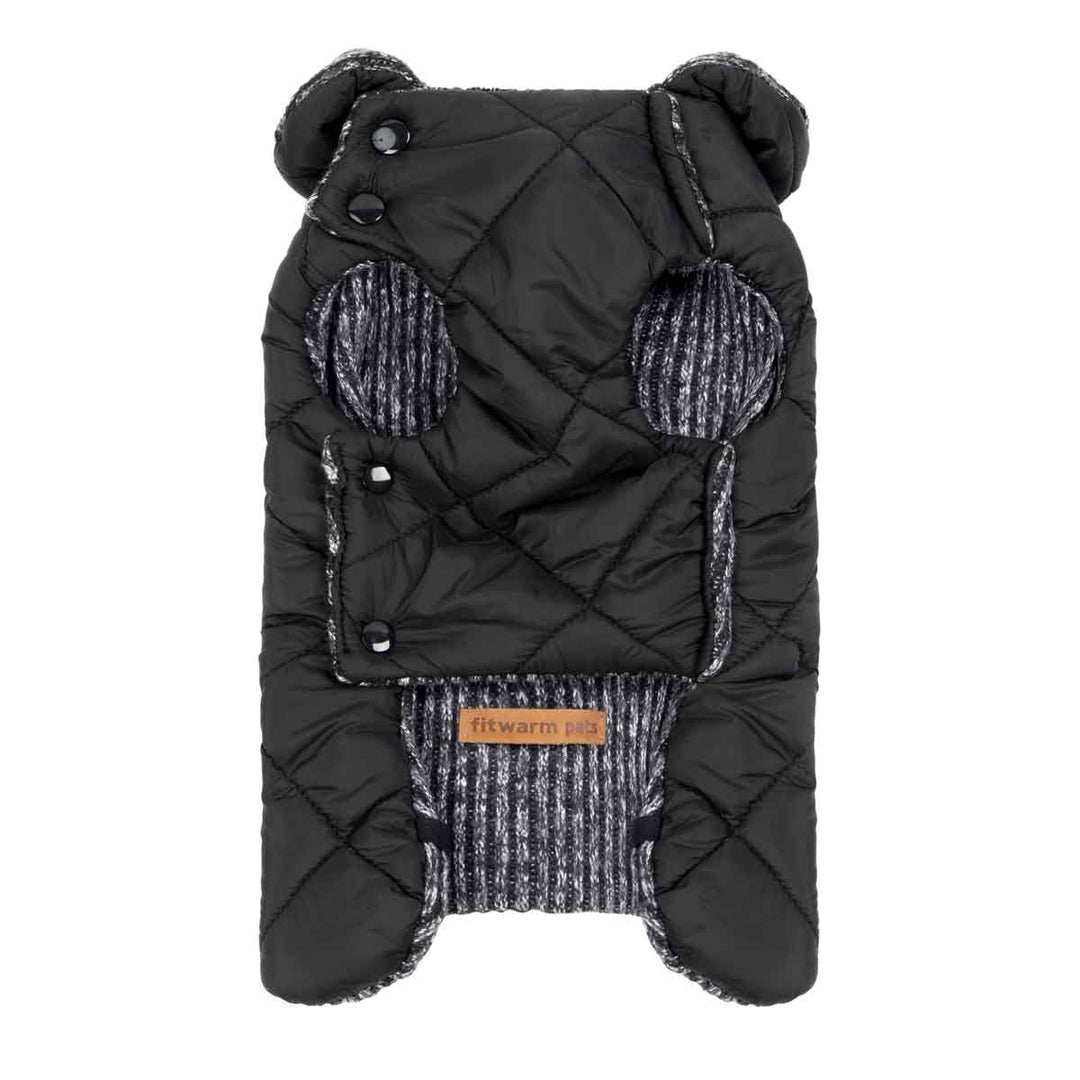 Reversible black quilted dog coat with diamond stitching, textured knit panels, ear accents, and button closure.