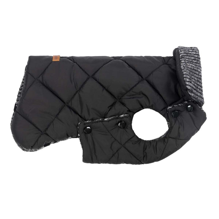 Black quilted dog coat with diamond stitching and grey striped knit collar. Features leash opening and button closure.