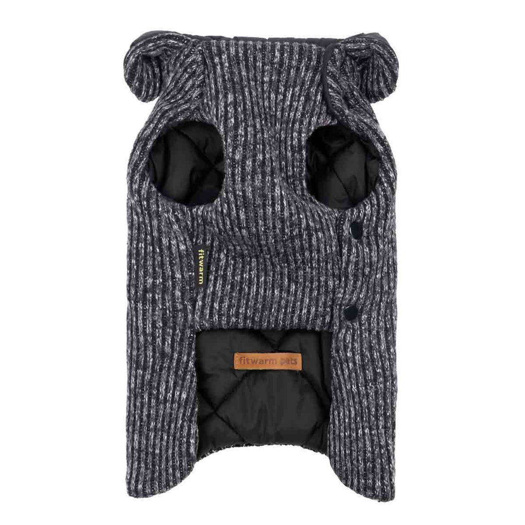 Heather grey knit dog coat, black quilted interior, leash hole, button closure. Fitwarm Pets tag.