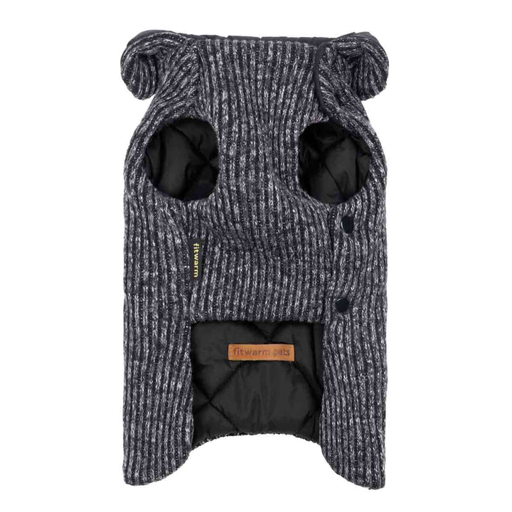 Heather grey knit dog coat, black quilted interior, leash hole, button closure. Fitwarm Pets tag.