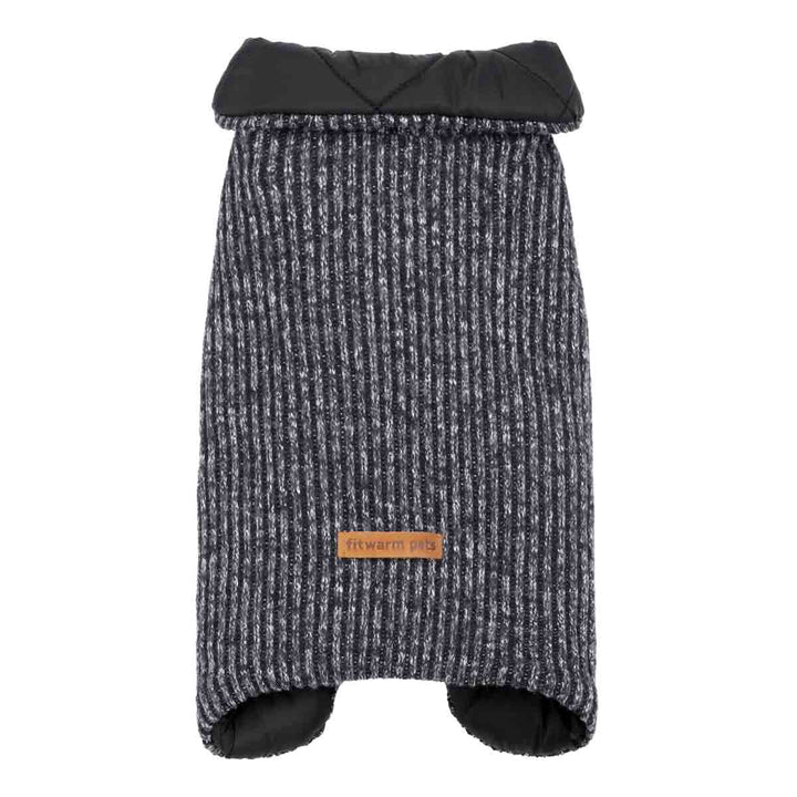 Reversible black and grey dog coat: striped knit side with quilted padded collar, showing fitwarm pets tag.
