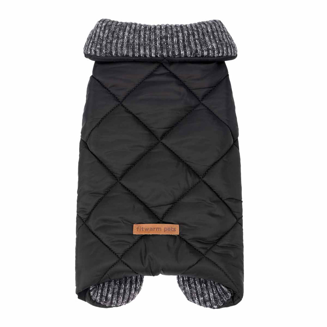Black quilted dog coat with diamond stitching and grey marled knit collar, leg cuffs, and Fitwarm Pets tag.