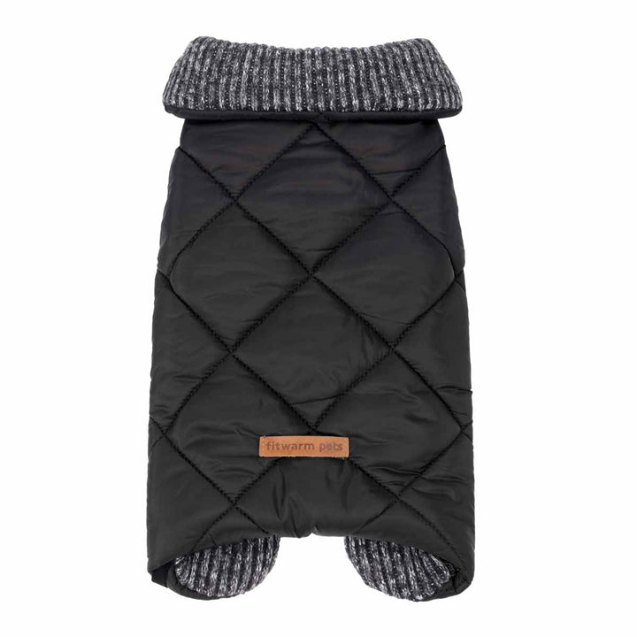 Black quilted dog coat with diamond stitching and grey marled knit collar, leg cuffs, and Fitwarm Pets tag.