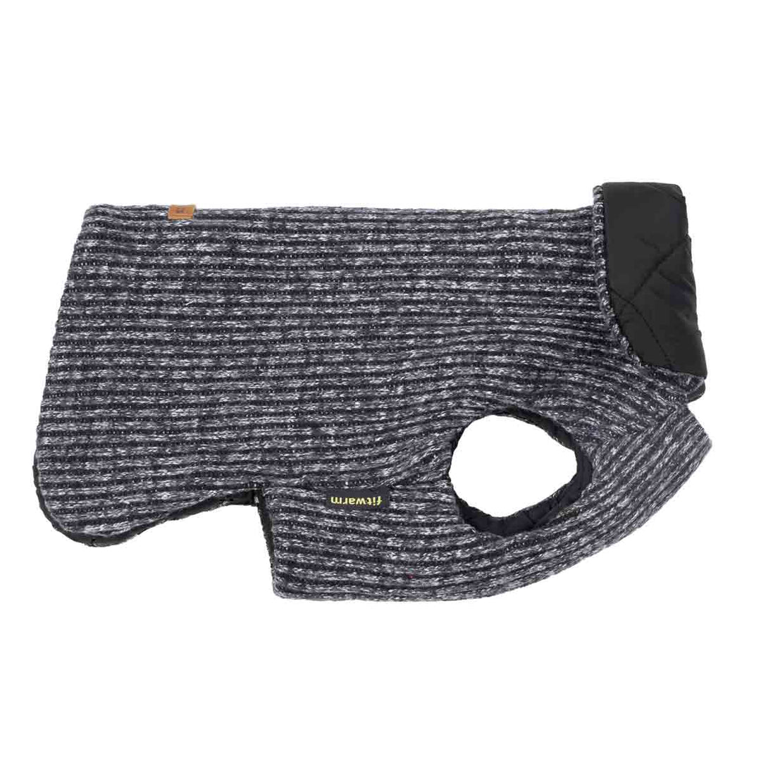 Reversible dog coat: striped knit, quilted black side. Leash opening, brand tag. Product appearance.