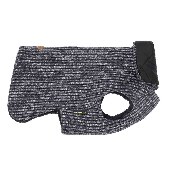 Reversible dog coat: striped knit, quilted black side. Leash opening, brand tag. Product appearance.