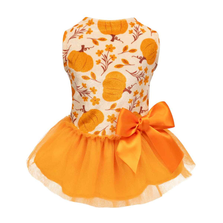 Pumpkin Dog Tutu Dress with cream bodice featuring pumpkin print, orange tulle skirt, and satin bow. Ideal for Thanksgiving.