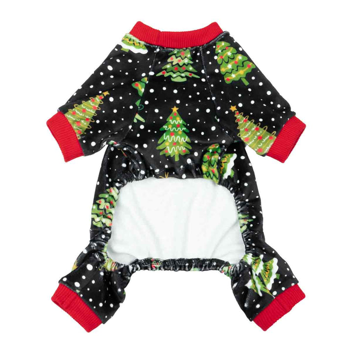 Full-body dog pajamas with holiday trees and polka dots on black fabric.