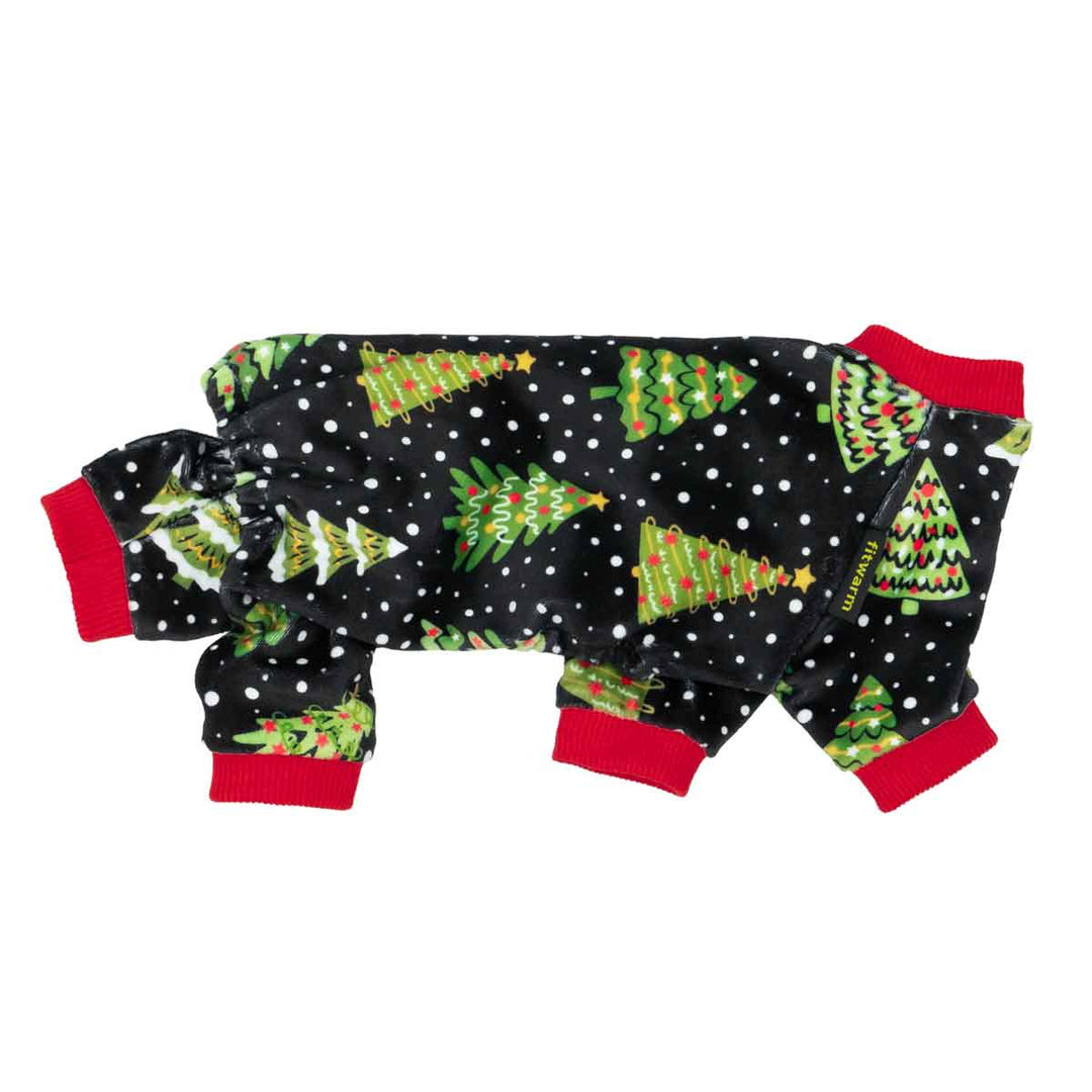 Side view of dog pajamas with holiday tree print and elastic leg cuffs.