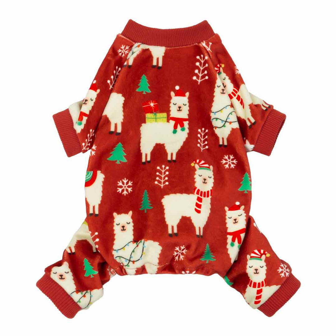 Dog pajamas with red base and festive alpaca prints, soft and playful for holiday lounging.