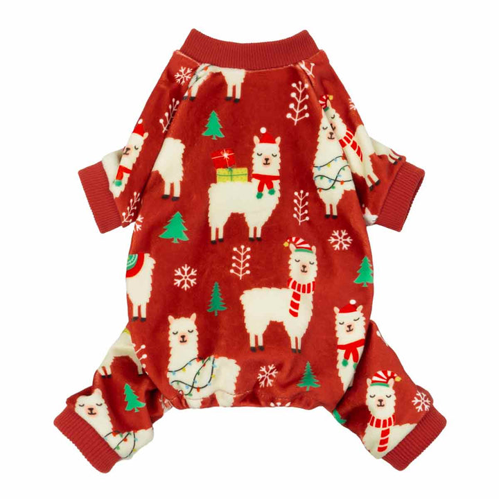 Dog pajamas with red base and festive alpaca prints, soft and playful for holiday lounging.