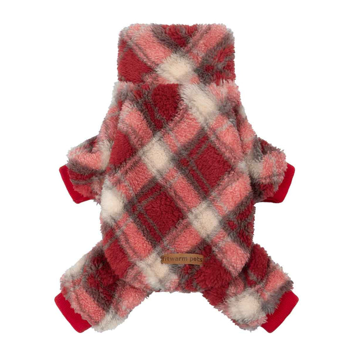 Red plaid fleece dog pajamas with cozy sherpa texture and full-body coverage for warmth.