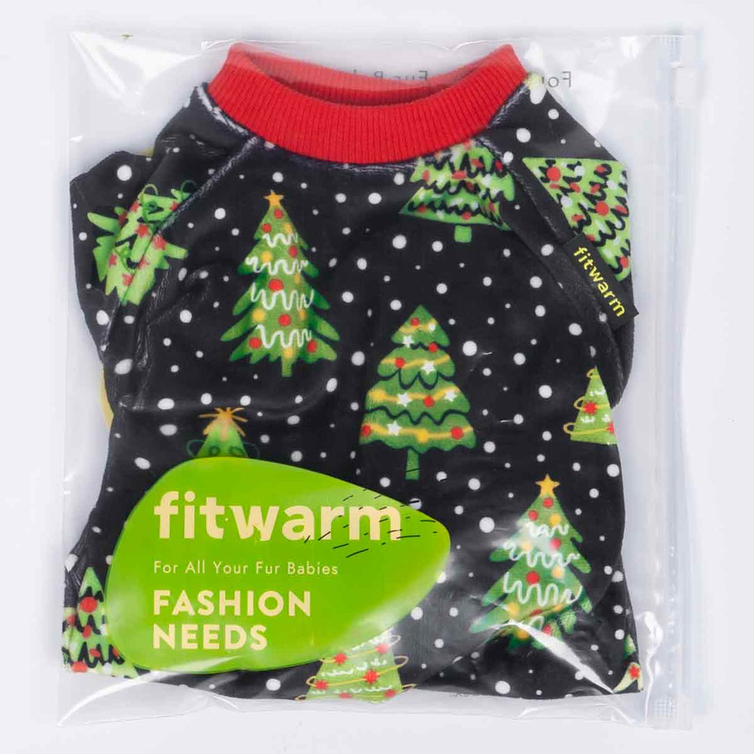Dog pajamas with Christmas tree pattern in packaging, brand 'fitwarm' lettering.