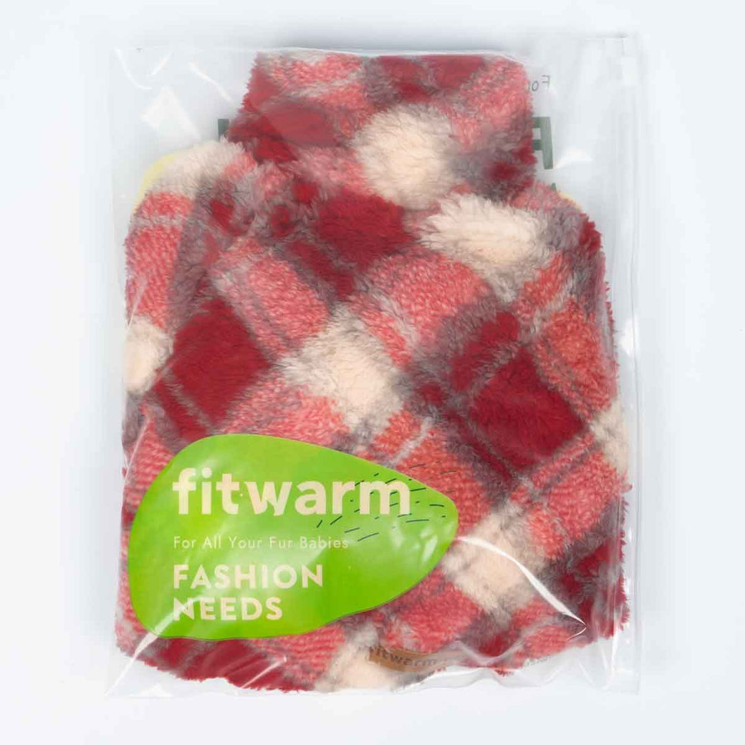 Plaid dog pajamas in packaging with 'fitwarm' branding.