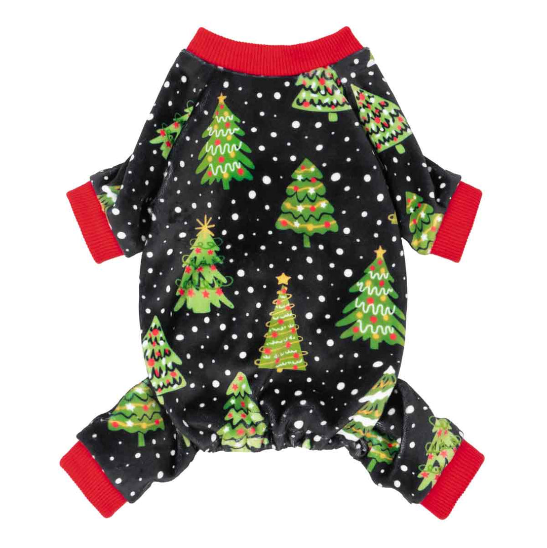 Black dog pajamas with red cuffs and green Christmas tree pattern.