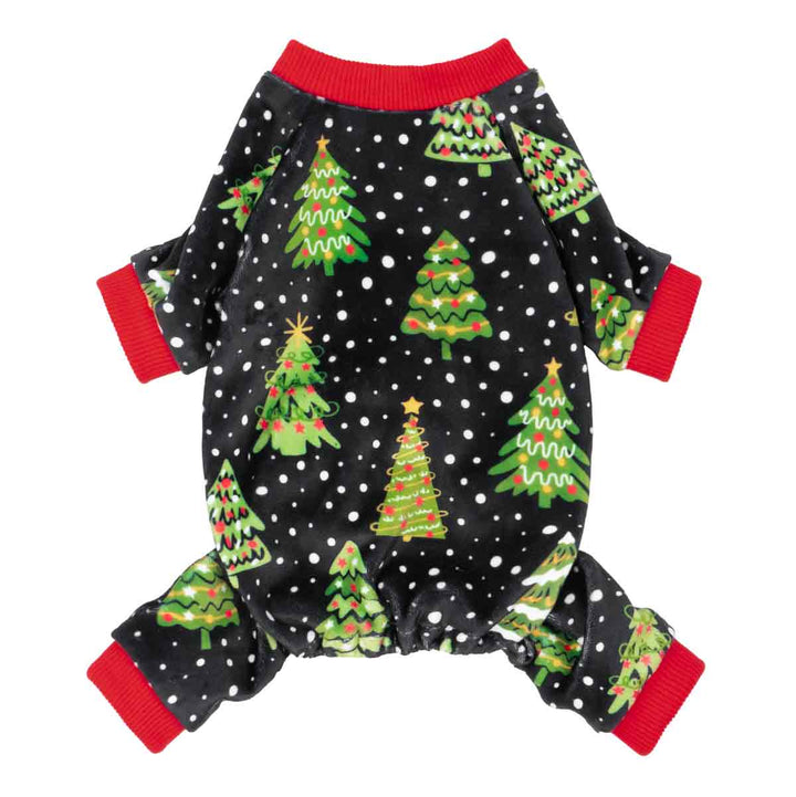 Black dog pajamas with red cuffs and green Christmas tree pattern.