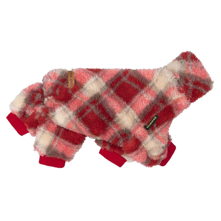 Red and beige plaid dog pajamas with pom-pom details.