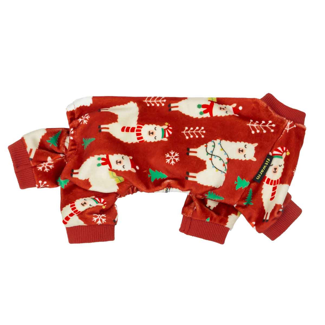 Red fleece dog pajamas with holiday alpaca and gift box prints, great for festive cuddles.
