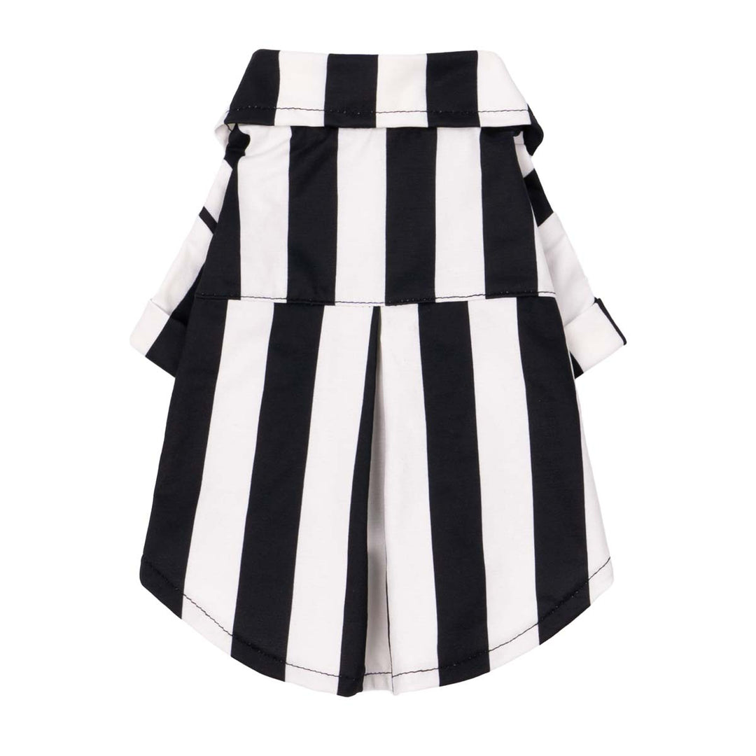 Black and white striped dog shirt with collar, perfect for a sleek modern look.
