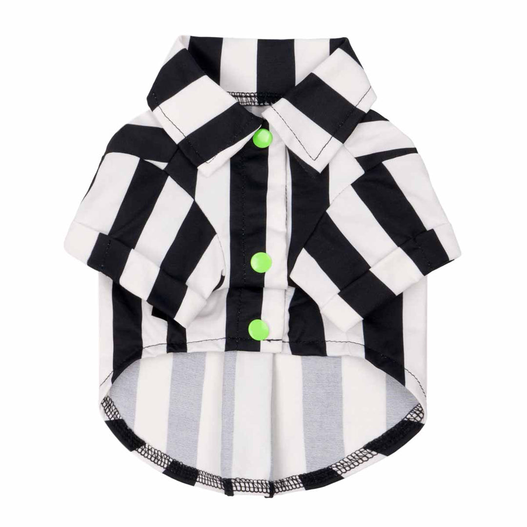 Button-down striped dog shirt with green snaps and sharp collar.