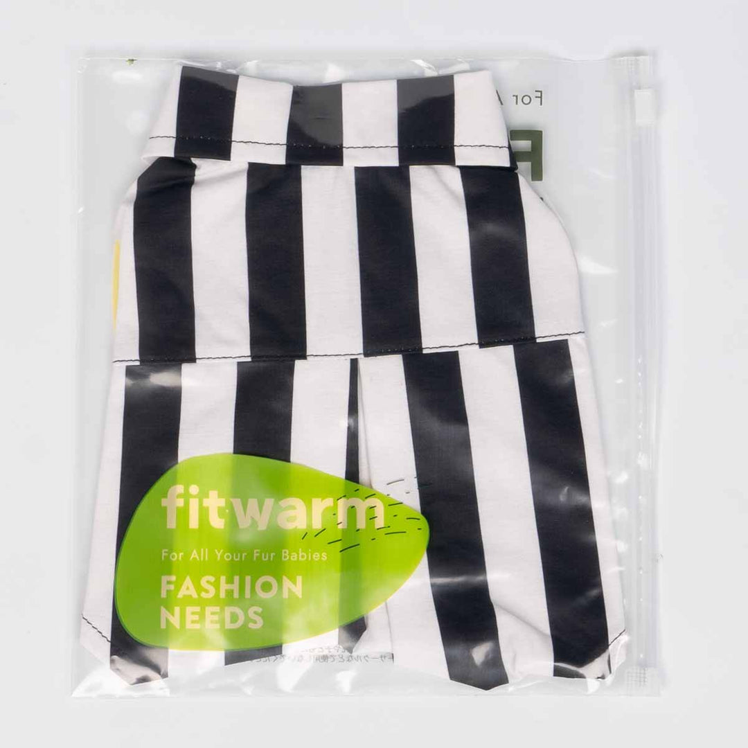 Striped dog shirt folded in clear Fitwarm packaging, bold contrast style.