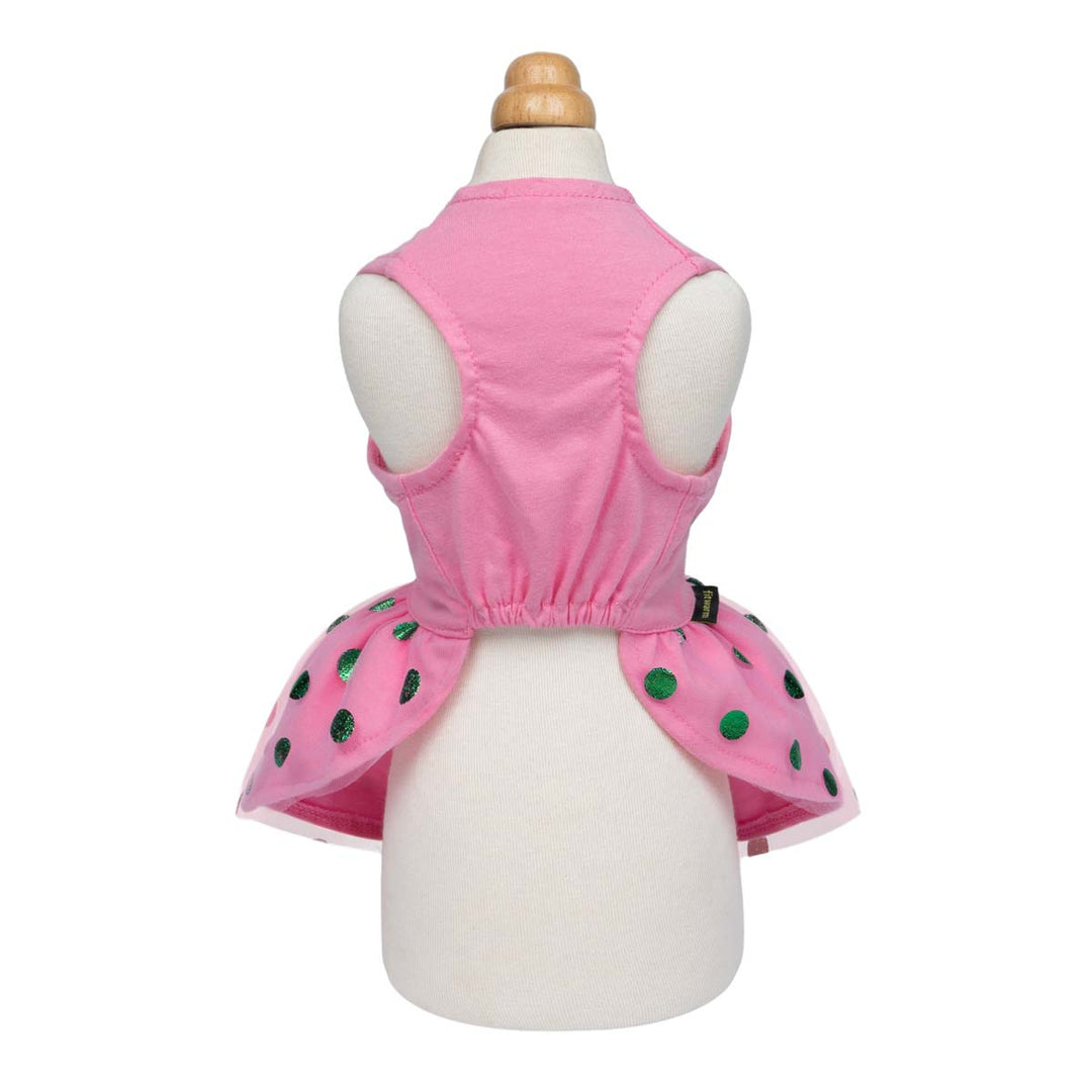 Back view of pink dog dress with green dotted skirt and sleeveless top.