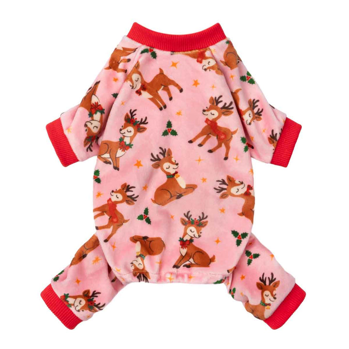 Christmas dog pajamas with cute reindeer print on pink fabric and red trim cuffs.