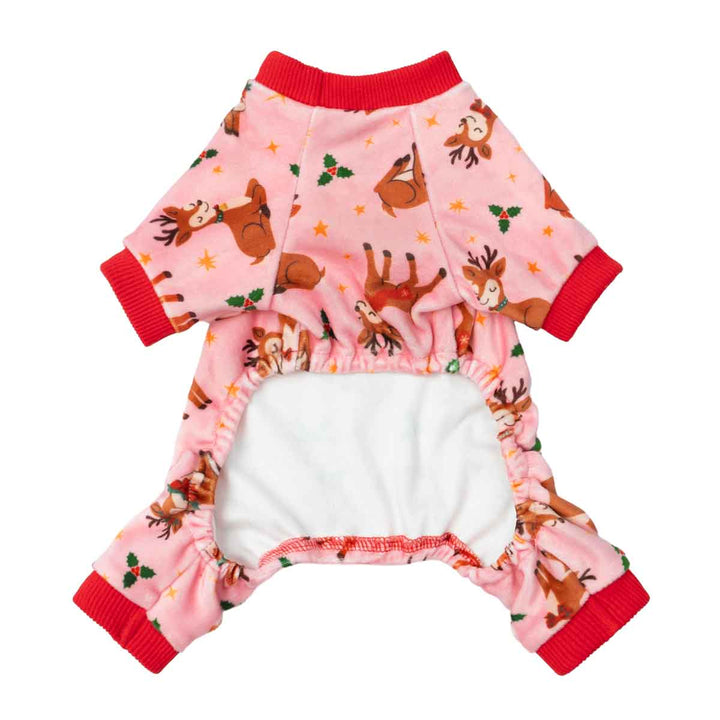 Festive dog pajamas featuring playful reindeer, Christmas trees, and stars on cozy fabric.