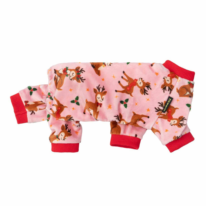 Soft pink dog pajamas decorated with reindeer and holiday accents, designed with four-leg style.