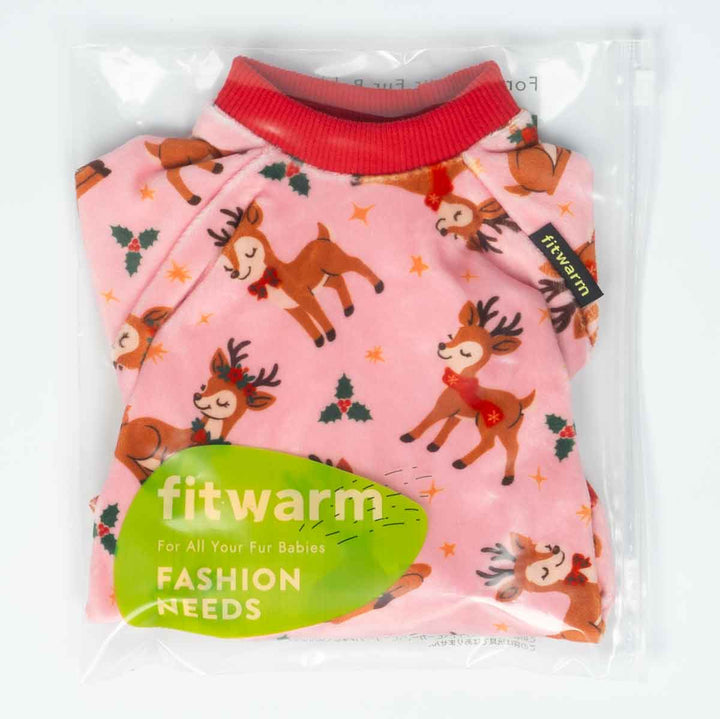 Packaged Christmas dog pajamas with pink fabric, reindeer print, and red trim design.