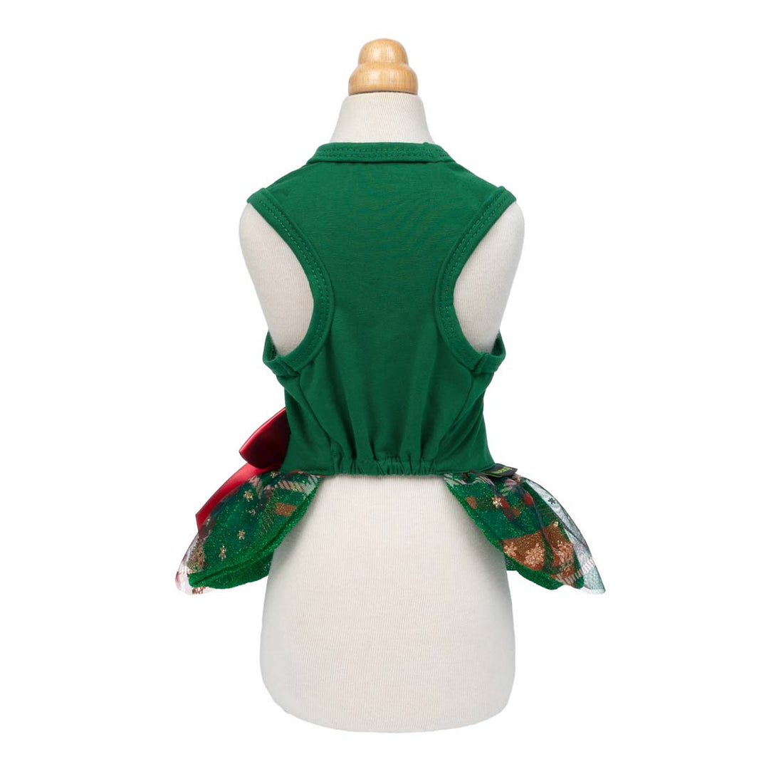 Cute holiday dog dress with glitter snowflake skirt and bold red ribbon bow.