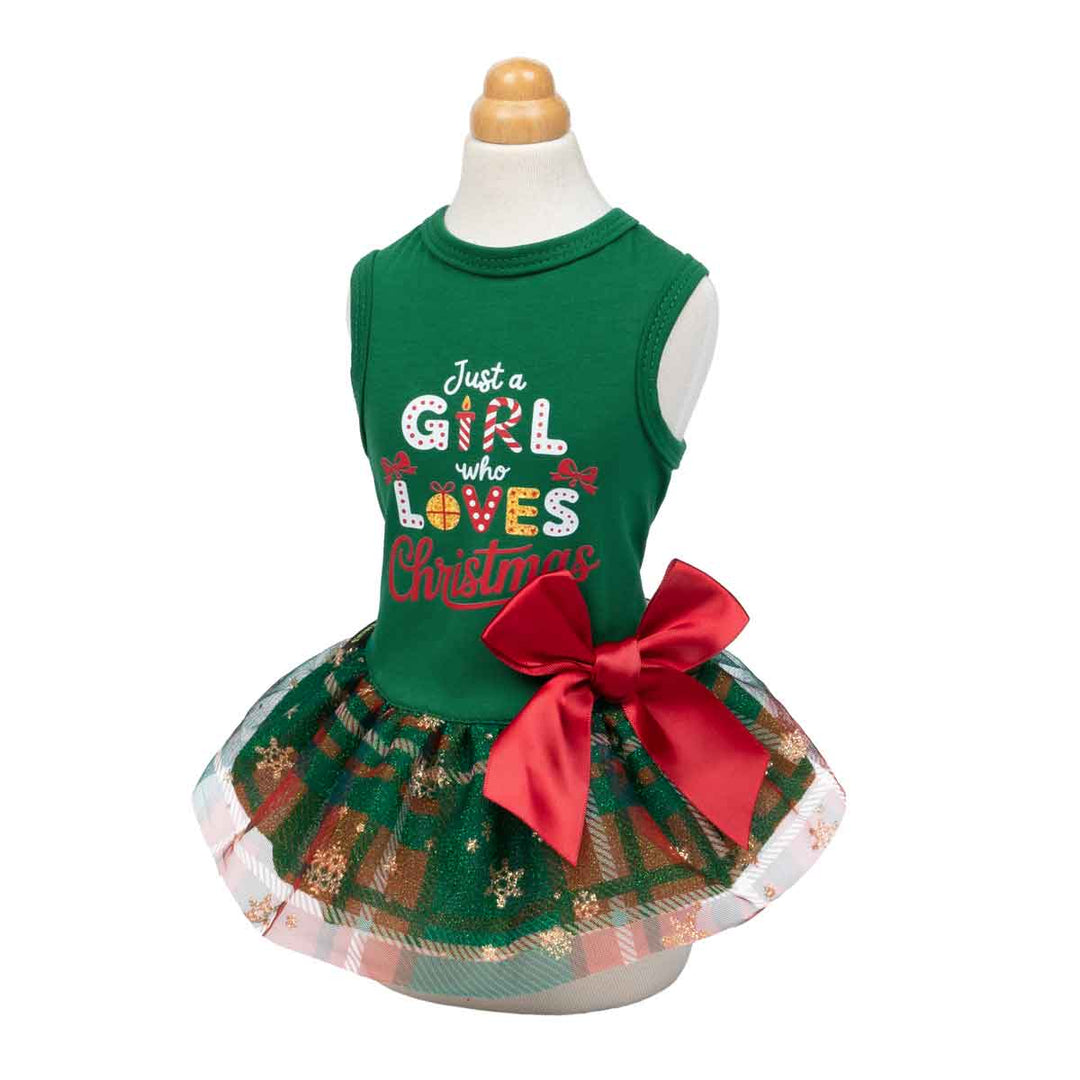 Festive dog dress featuring “Just a Girl Who Loves Christmas” print and plaid tutu.
