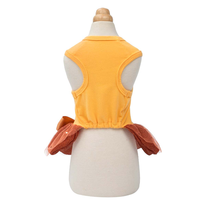 Back view of orange Thanksgiving dog dress with elastic waist and layered brown tutu skirt.