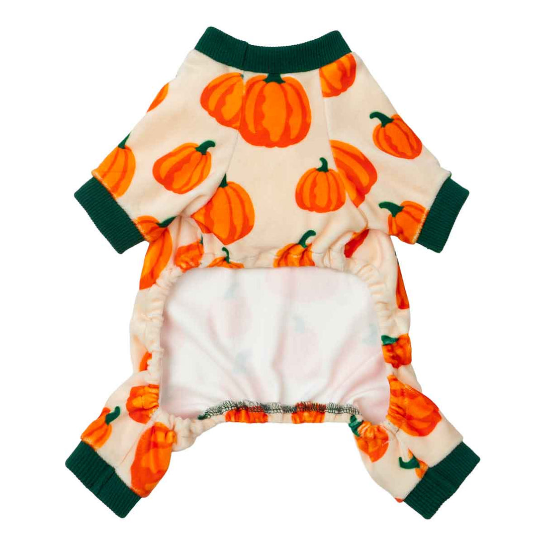 Pumpkin-themed dog pajamas shown from the back with elastic belly design.